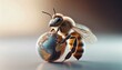 A bee is standing on a globe. The bee is holding the globe in its mouth, bee day.