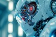 Close-up cyborg robot head, future technology innovation and development