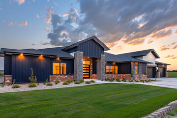 Crimson contemporary home at twilight peak, with night's first stars and a lawn that complements its inviting nature.