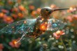 © Vilaysack - A robotic hummingbird with iridescent solar panel wings, hovering over a flower with integrated charging ports