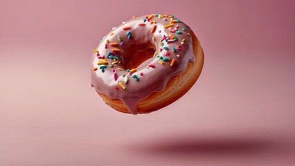 Wall Mural - Tasty delicious donut with pink icing and colorful confectionery sprinkles on pink background. Beautiful food meal photography illustration wallpaper concept.	