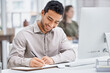 © peopleimages.com - Happy, man and writing in office for business schedule or task list, planning or journaling for personal goals. Person, notebook and technology for reception or admin work and check appointment date.
