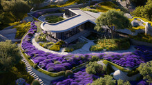 A Skewed Aerial Perspective Of A Lavender House, Showing The Contrast Between The Architectural Lines And The Natural Curves Of The Landscape.