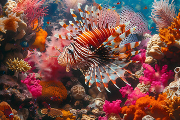 Wall Mural - A coral reef, vibrant, with hues of red, orange, yellow, pink, and purple painting the underwater landscape. In the center of the scene, a beautiful lionfish