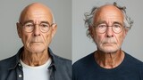 Fototapeta  - An isolated white background illustrates a bald man before and after hair transplantation.