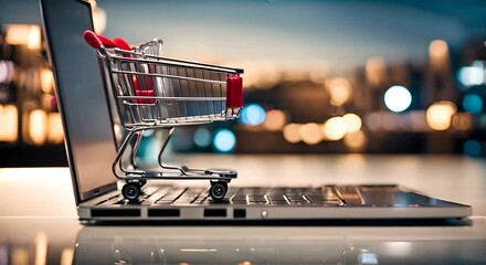 Shopping cart on top of a laptop. Online shopping.