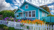 A vibrant cerulean blue house with a white picket fence and a colorful, blooming flower bed.