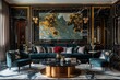 Opulent living room, dark marble, velvet sofas, gilded details, low angle, rich texture