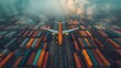 The concept of logistics supply chain management and international goods export is depicted by the freight airplane flying above the overseas shipping container.