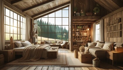 Interior design concept of a home combining bedroom