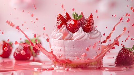 Wall Mural - Strawberry Shortcake Colorful around strawberries splash dripping white color studio background