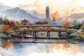 Wall Mural - Conceptual drawing of a bridge blending traditional architecture with modern materials, set against a city skyline
