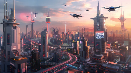 Poster - a futuristic city with a lot of traffic. the cars are all electric and the buildings are tall