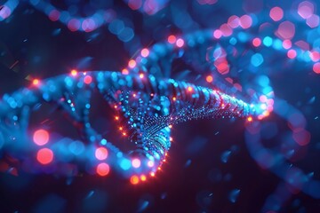 Wall Mural - futuristic dna sequence with glowing neon strands on dark blue background digital art