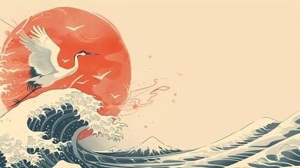 Poster - Japanese background with hand drawn waves in vintage style. Chinese art landscape banner design. Water surface element. Crane bird element. 