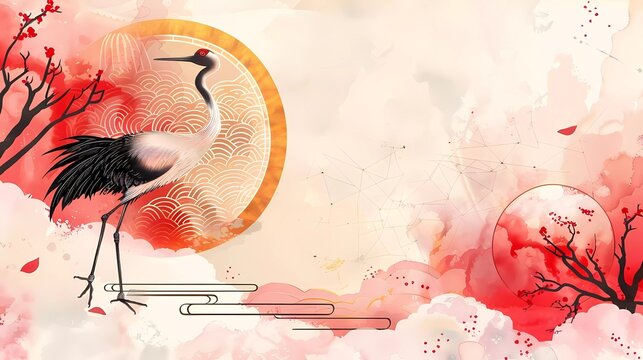 Golden crane bird element with hand drawn Chinese clouds with Japanese pattern vector. Oriental decoration with Flyer, banner or presentation in vintage style. Watercolor texture with geometric icons 