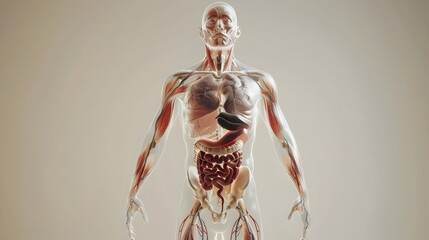 transparent human body revealing intricate internal organs and circulatory system