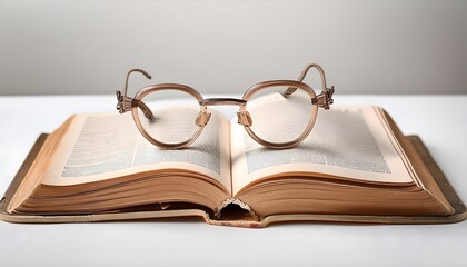 Wall Mural - Old glasses on an open book with minimalist background