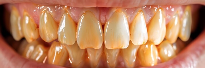 close up of yellow rotten teeth