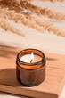 Cozy burning candle with pampas grass