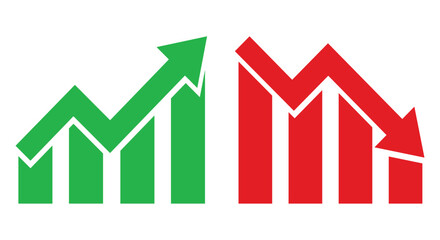 Graph going Up and Down sign with green and red arrows vector. Flat design vector illustration concept of sales bar chart symbol icon with arrow moving down and sales bar chart with arrow moving up.