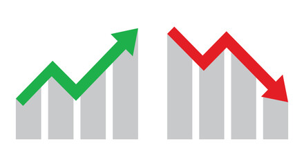 Graph going Up and Down sign with green and red arrows vector. Flat design vector illustration concept of sales bar chart symbol icon with arrow moving down and sales bar chart with arrow moving up.