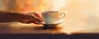 Artful depiction of a hand holding a coffee cup, with a background intentionally blurred to create a serene, inviting atmosphere