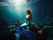 A beautiful mermaid sits in a blue shining dress under water on the stone in the sea bottom. Ai generated