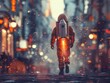 A man in a spacesuit is walking down a street with a rocket strapped to his back. The scene is set in a city at night, with bright lights illuminating the area. Concept of adventure and exploration