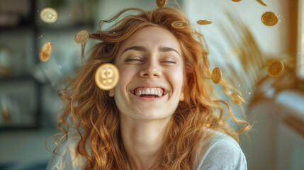 Wall Mural - A young happy woman with gold coins flying around her sits in a room. Rain of coins. Good luck in business or winning the lottery.