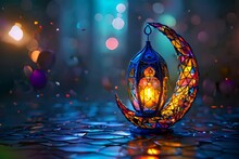 An Abstract Ramadan Lantern With A Crescent In Technology Blue Polygonal Style. An Aid Lantern With A Burning Candle Inside. A Digital Kareem Lamp And Moon. An Islamic Background In Polygonal Style