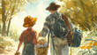 Father and child walk side by side in a wooded area, carrying a basket of mushrooms, enjoying the fall scenery