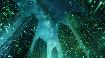 Poster - a cityscape with tall buildings and a starry sky. the buildings are lit up with neon lights, giving 