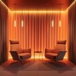 Modern therapy room, two chairs facing each other, warm tones, overhead soft lighting, 