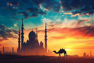 Wall Mural - Photo camel with mosque in beautiful islamic background