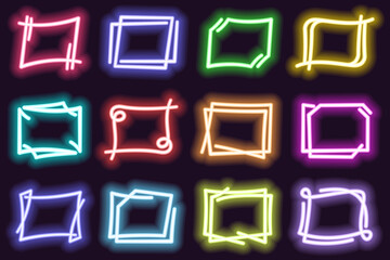 Poster - Abstract linear rectangle neon frames. Glowing borders set in different color, vibrant shining frame collection with glowing effect, copy space for your text.