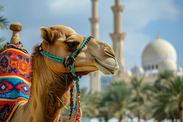 Wall Mural - Photo camel with mosque in beautiful islamic background