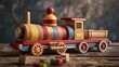 Wooden toy train on a wooden background, Generative AI illustrations.