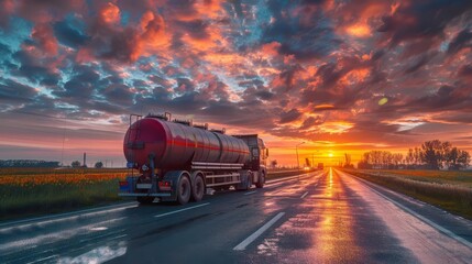 Wall Mural - rear view of fuel tanker truck driving at sunset shipping industry