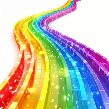Rainbow binary code flowing in a curved path on a white background.