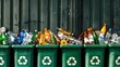 Overflowing green recycling bins filled with an array of colorful recyclable materials like bottles cans and paper reflecting optimism and abundance