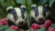 two cute small European badgers with raspberries. 