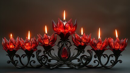 Canvas Print - red and black candelabrum with seven candles. 