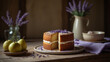 Still life with pear cake and lavender flowers on a wooden table