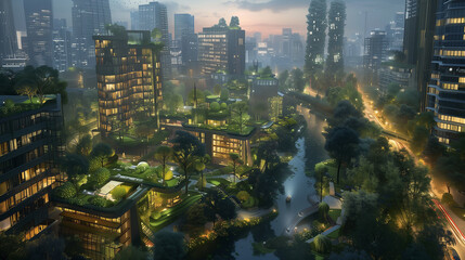 Poster - a cityscape with tall buildings and a green park. the city is lit up at night, creating a warm and i