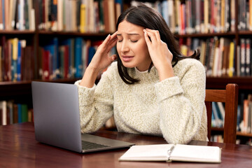 Poster - College, laptop or woman with stress headache at campus library for research, planning or homework burnout. University, depression or student frustrated by exam deadline, anxiety or pc glitch or 404