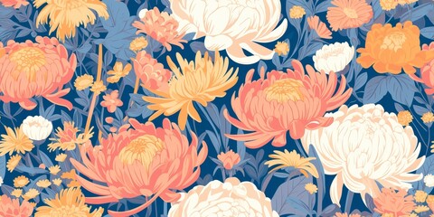 Wall Mural - pink daisies and coral chrysanthemums on a patterned background, seamless wallpaper