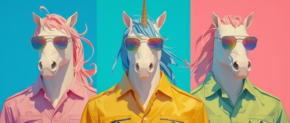 Wall Mural - Three mannequins wearing colorful suits and sunglasses, unicorn heads on a pink background