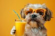 Funny cute dog in sunglasses.dog drinks delicious juice from a straw on a yellow background