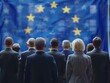 © Poorna Himasha - European Union Politics Concept: Unrecognizable Politicians in Formal Attire at the EU Parliament, Standing in Front of the European Union Flag